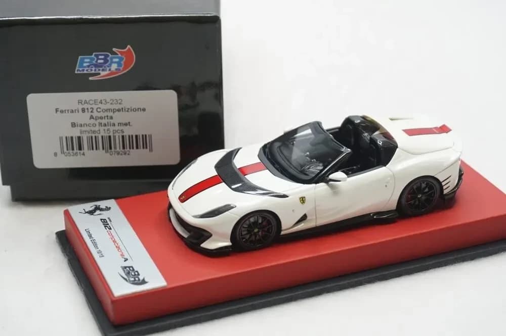 1/43 BBR Ferrari 812 Competizione aperta bianco italia metallic with red metallic stripe on red leather base limited 15 pieces (RACE43-232)