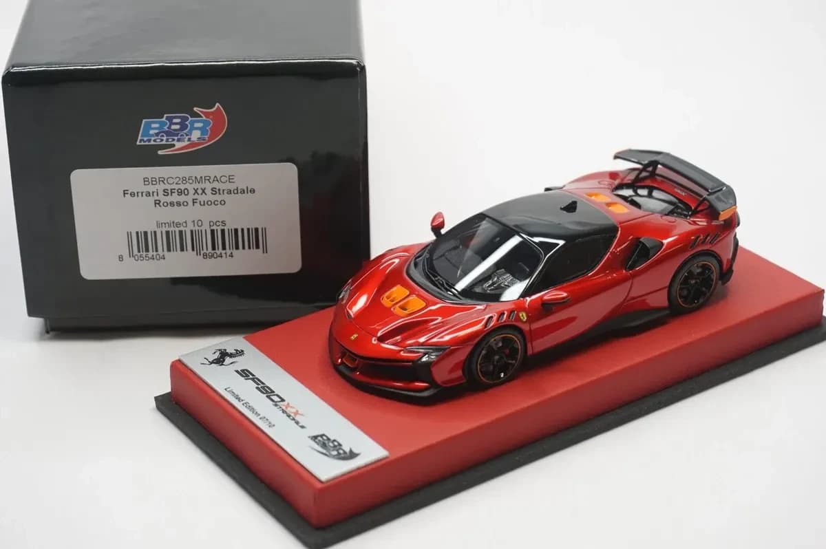 1/43 BBR Ferrari SF90XX stradale in color rosso fuoco set on red leather base limited 10 pieces