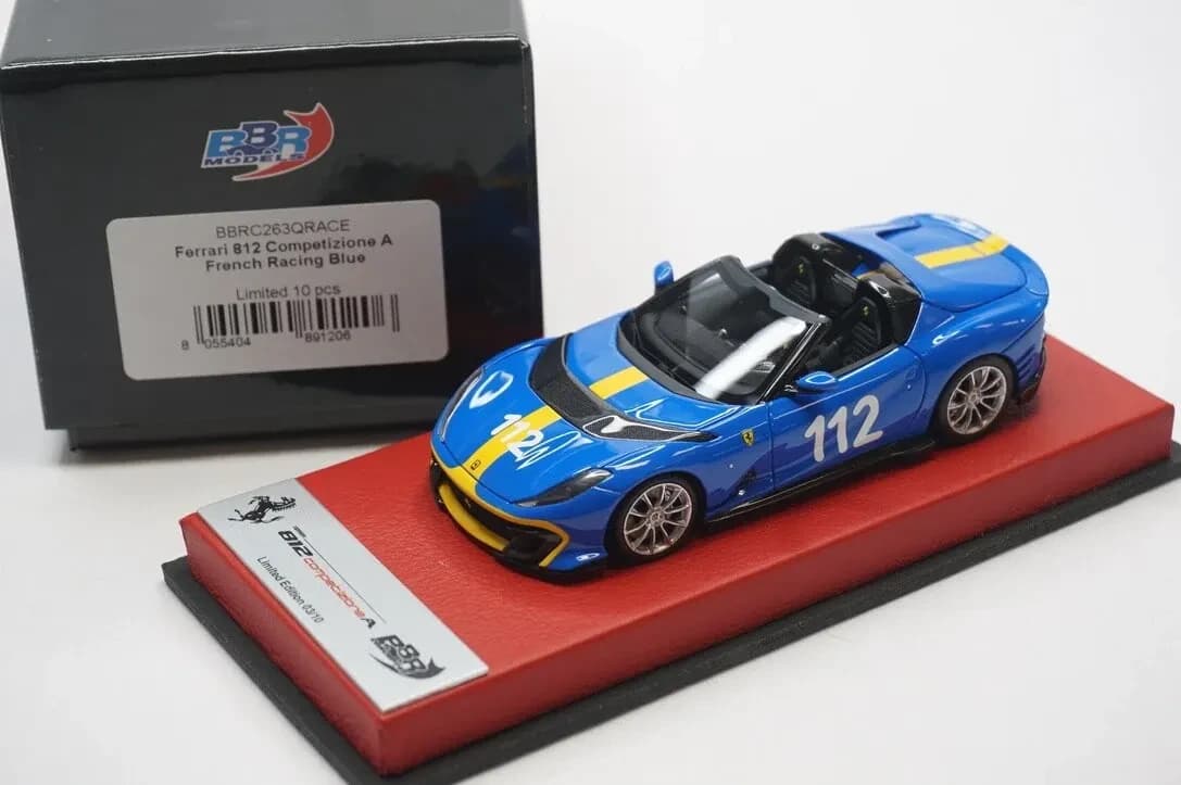 1/43 BBR Ferrari 812 Competizione A color French racing blue set on red leather base limited 10 pieces