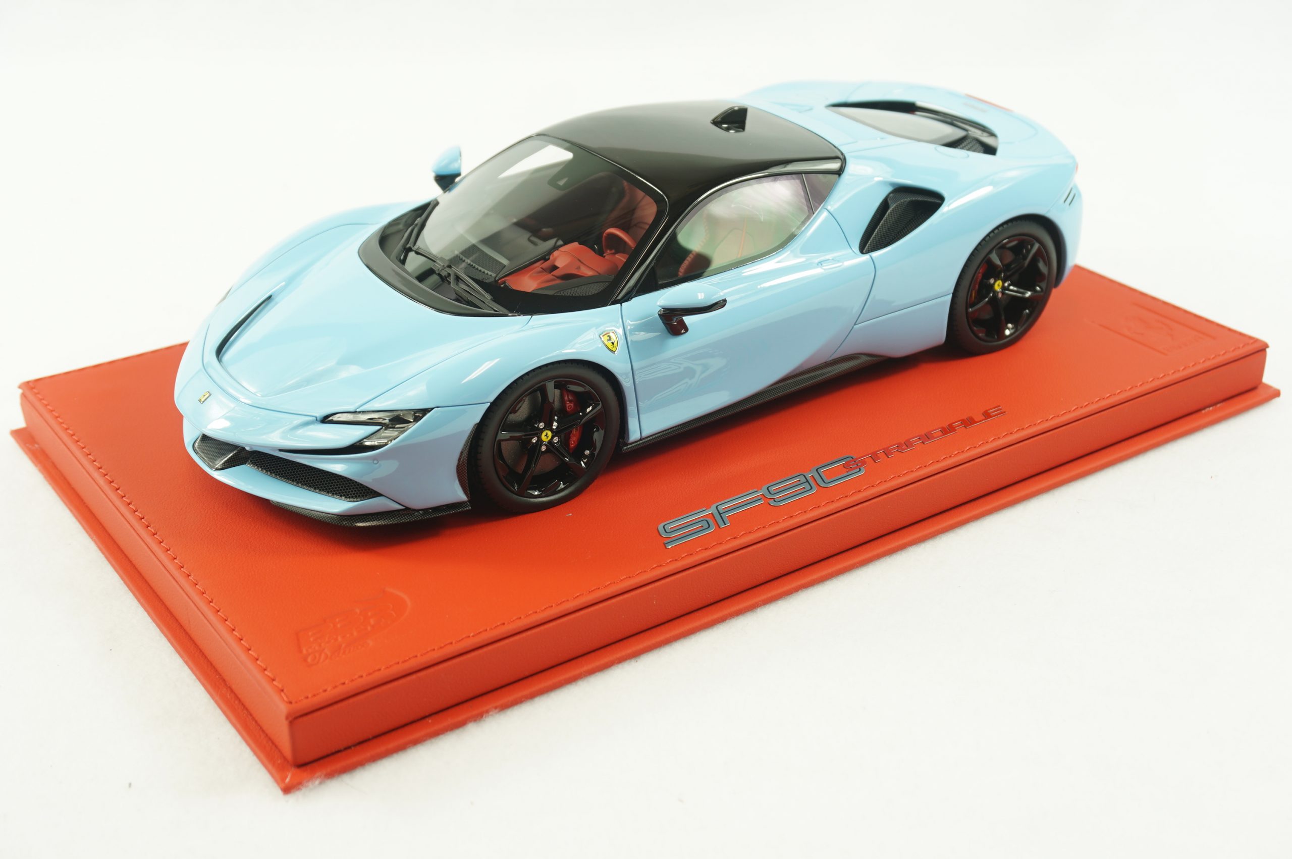 1/18 BBR Ferrari sf90 Stradale in color azzurro la plata with black roof  set on red deluxe leather base limited 15 pieces (RACELINE113)
