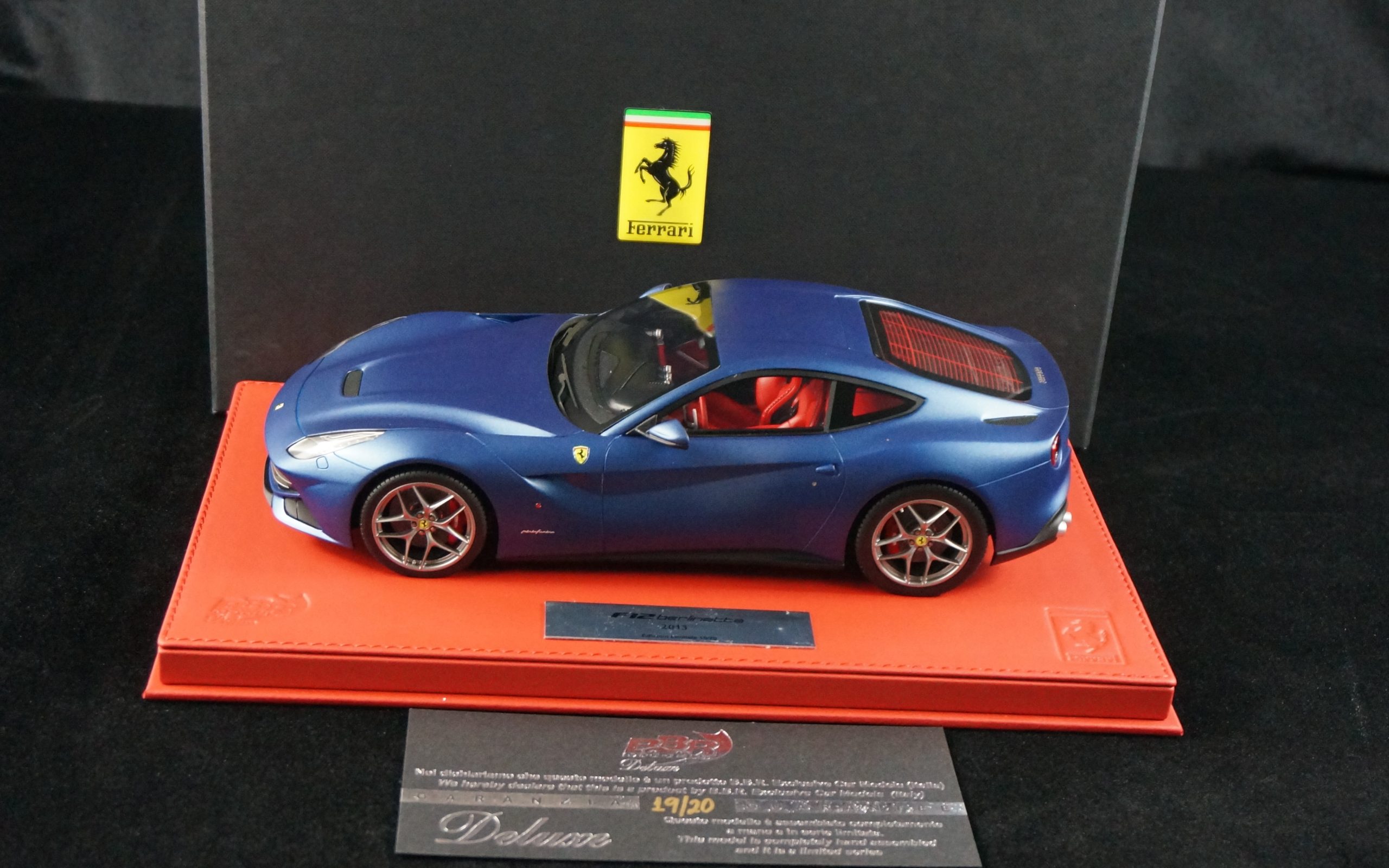 1/18 BBR Ferrari F12 Berlinetta in color matt abu dhabi blue set on red ...