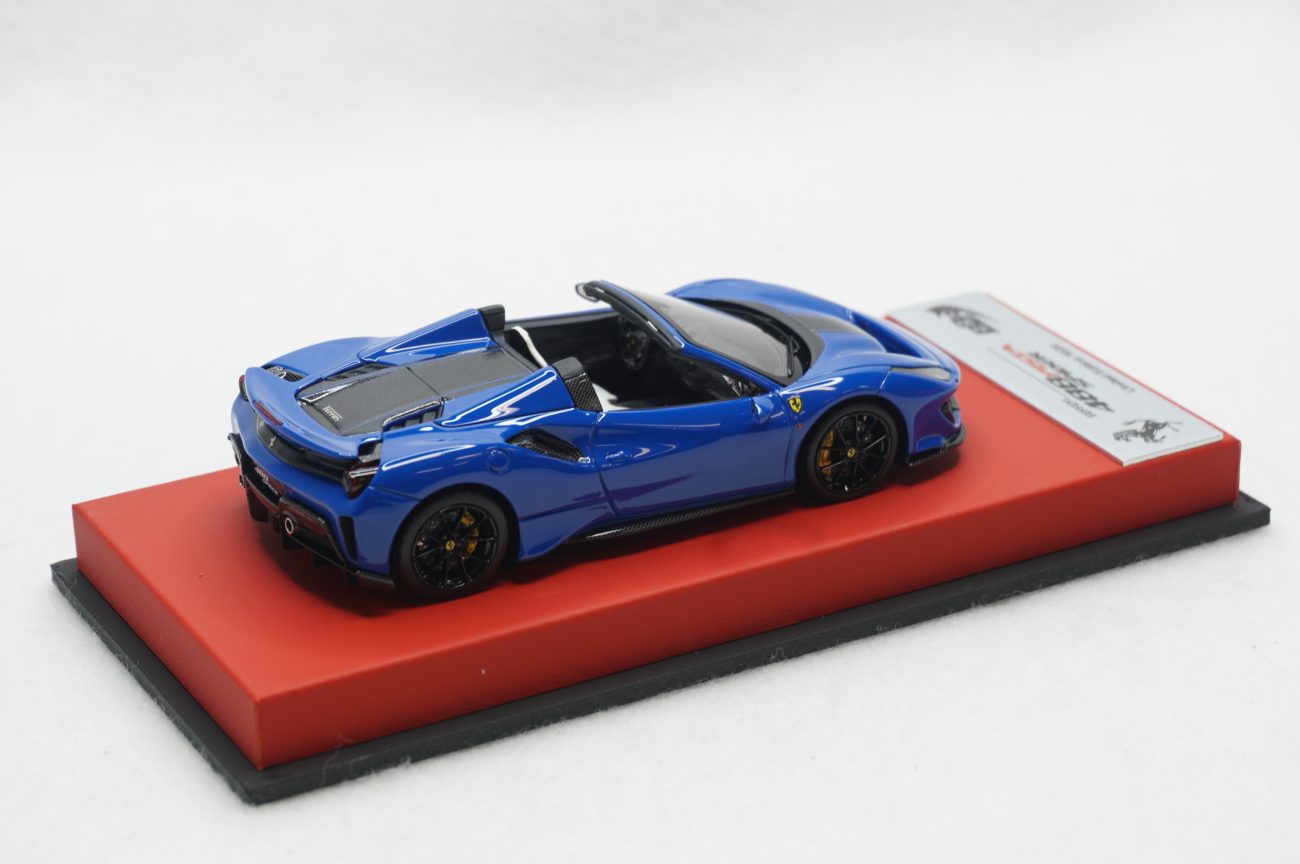 1/43 BBR Ferrari 488 pista spider in color azzurro dino blue with black  stripes set on red leather base limited 20 pieces (RACE43-102) - RaceLine  Models