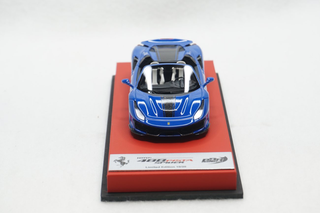 1/43 BBR Ferrari 488 pista spider in color azzurro dino blue with black  stripes set on red leather base limited 20 pieces (RACE43-102) - RaceLine  Models